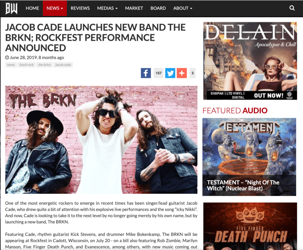 BraveWords Magazine interviews Jacob Cade about his new band The BRKN and announces Rock Fest Performance